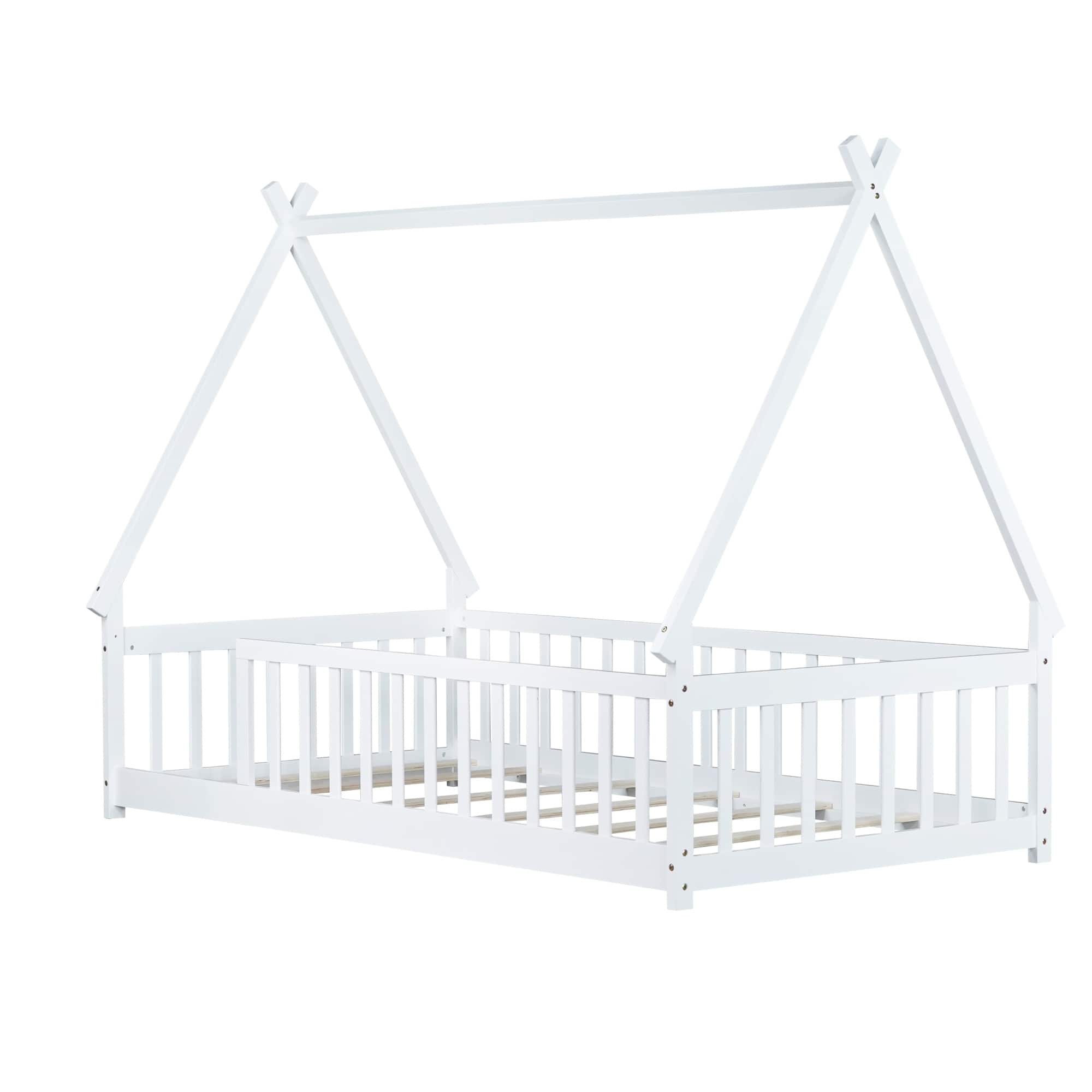 GOODSILO - Twin-Size Tent-Shaped Low Profile Floor Bed with Safety Guardrails and Slatted Base - White