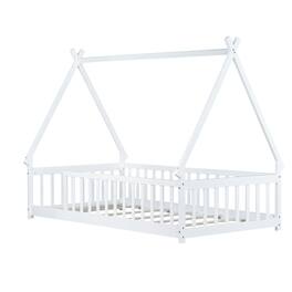 GOODSILO - Twin-Size Tent-Shaped Low Profile Floor Bed with Safety Guardrails and Slatted Base - White