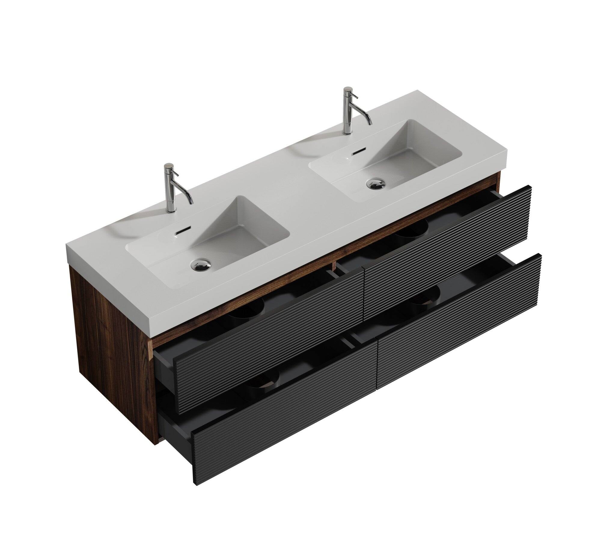 Alt View 4. Boyel Living - 60 in. Walnut Bathroom Vanity with Glossy White Solid Surface Sink, Wall Mounted Floating, Pre-Assembled - Black+Brown.