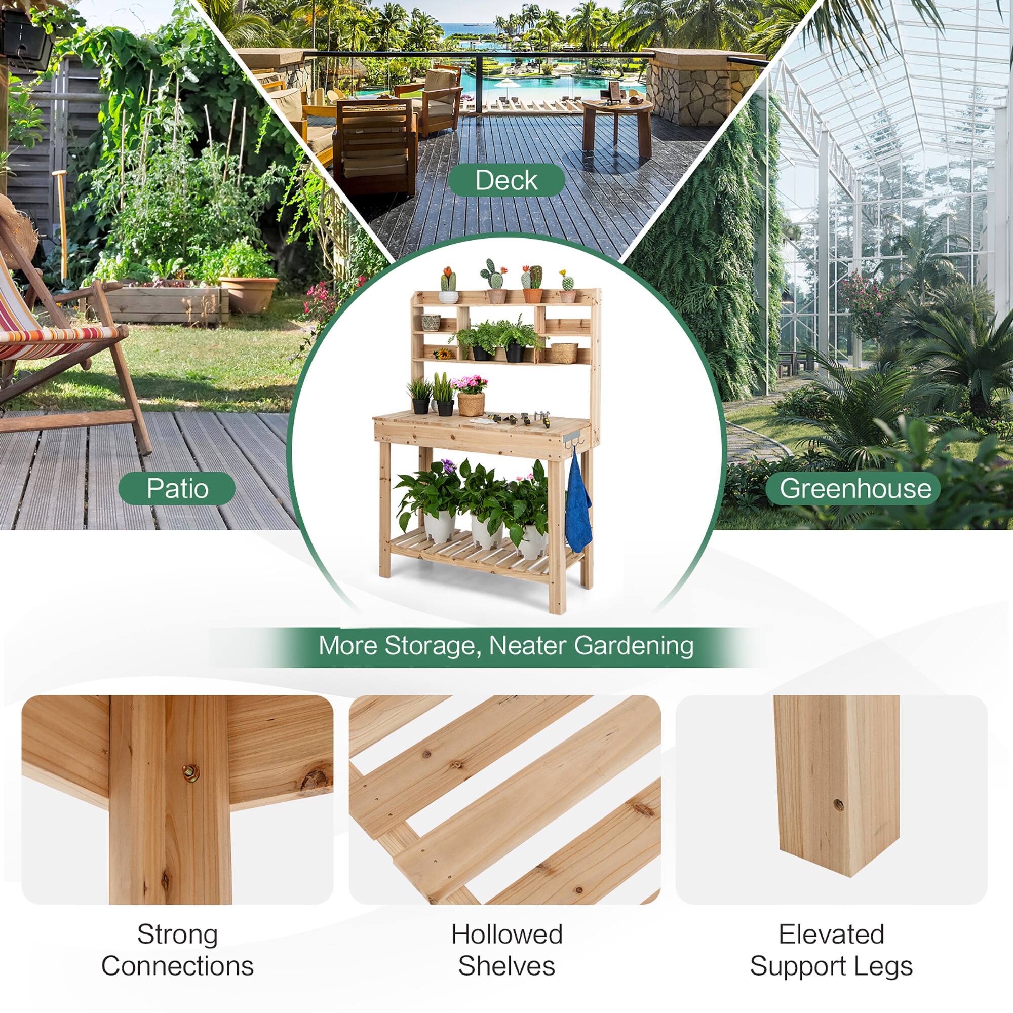The text on the image is grouped as follows:

1. Deck Patio Greenhouse More Storage, Neater Gardening Strong Connections Hollowed Shelves Elevated Support Legs

This grouped text describes a wooden shelf with plants on it, placed in a patio area, which also includes a greenhouse and more storage space. The shelf is designed to provide a neater gardening experience and is supported by strong connections and hollowed shelves. Additionally, the shelf is elevated on support legs.