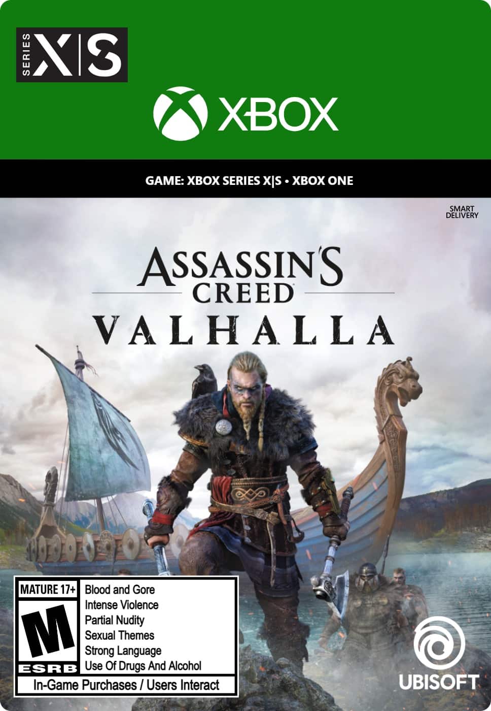 Assassin's Creed Valhalla is an Xbox game that is part of the X Series. It is rated Mature 17+ for Blood and Gore, Intense Violence, Partial Nudity, Strong Sexual Language, and Themes. The game also contains Use of Drugs and Alcohol, In-Game Purchases, and Users Interact. It is developed by Ubisoft.