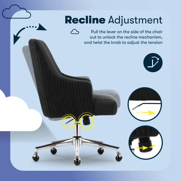 Recline Adjustment

Pull the lever on the side of the chair out to unlock the recline mechanism, and twist the knob to adjust the tension