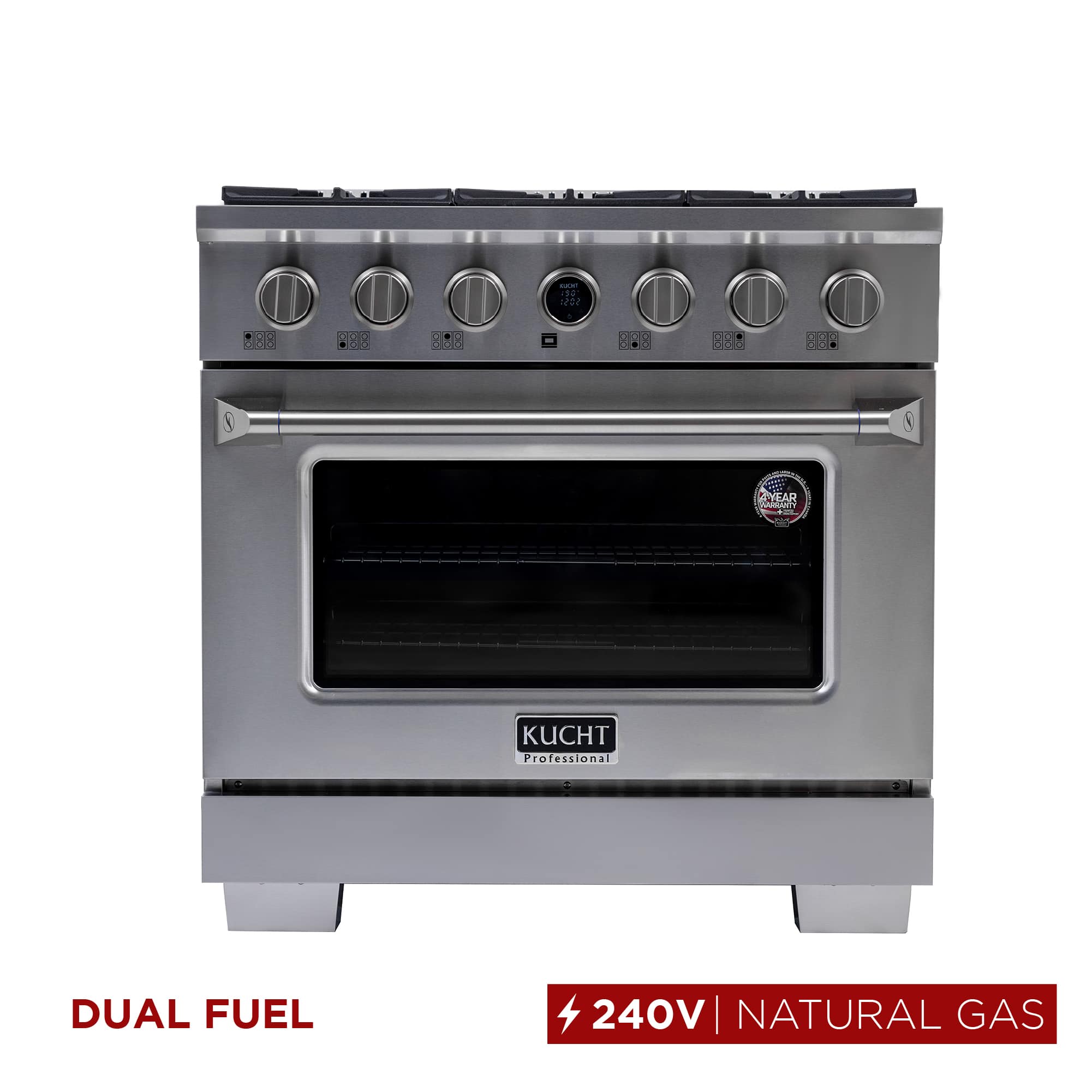 36 in. 5.2 cu. ft. Dual Fuel Range, 6 Burners, NG, Stainless Steel, Kucht Horus Thermostat - Stainless Steel