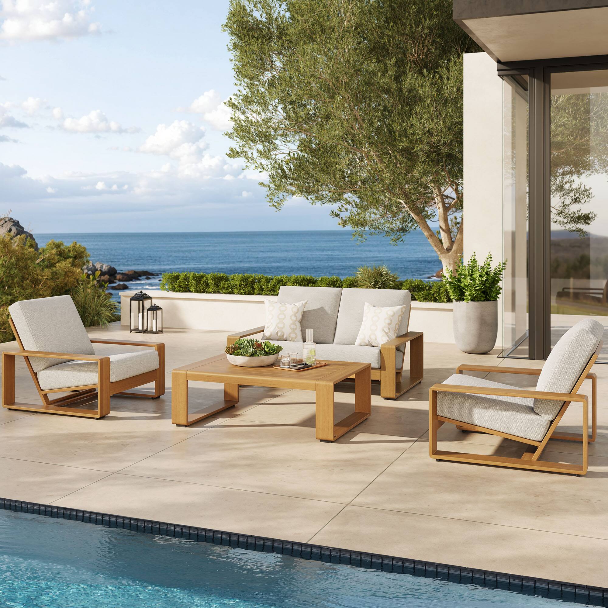 Alt View 6. Modway - Lirienne 4-Piece Outdoor Patio Aluminum Faux Wood Furniture Set - Ivory Natural.