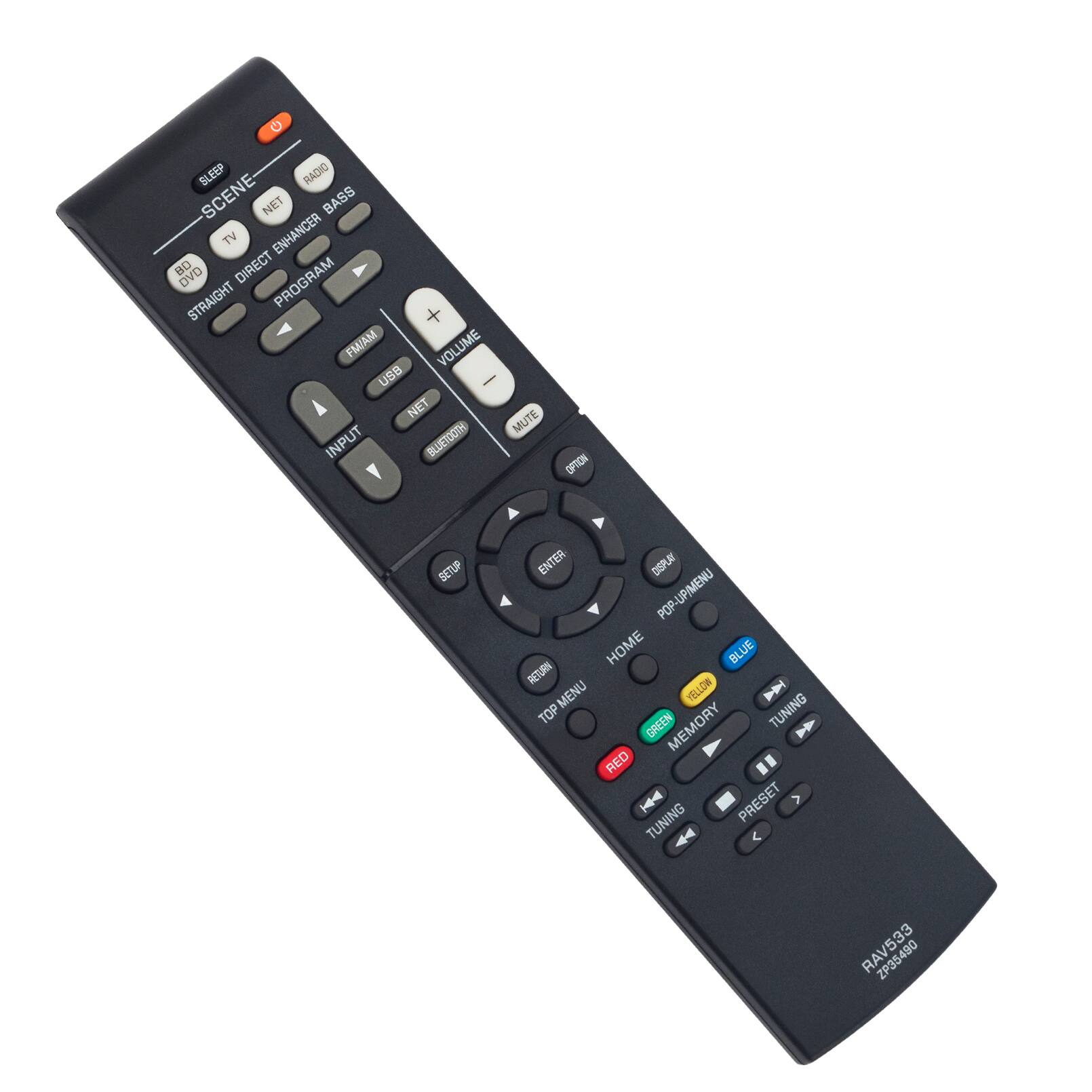Sure, here is the corrected and grouped text from the image:

- SLEEP
- SCENE
- NET
- TV
- DIRECT
- BASS
- TV ENHANCER
- BASS
- DVD
- PROGRAM
- STRAIGHT
- FMIAM
- USB
- VOLUME
- INPUT
- NET
- MUTE
- BLUETDOTH
- SETUP
- ENTER
- DSPA
- POP-UP/MENU
- HOME
- BLUE
- RETURN
- MENU
- HELLOW
- TOP
- GRETN
- MEMORY
- TUNING
- N
- RED
- 4
- PRESET
- TUNING
- RAV533
- 233480