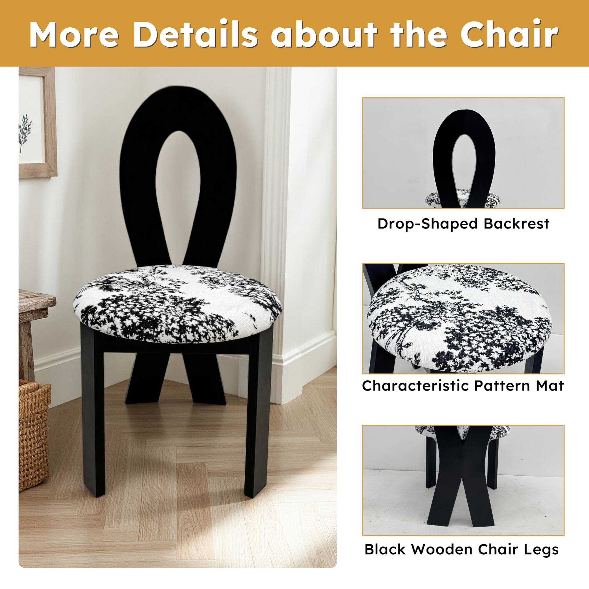 More Details about the Chair

- Drop-Shaped Backrest
- Characteristic Pattern Mat
- Black Wooden Chair Legs