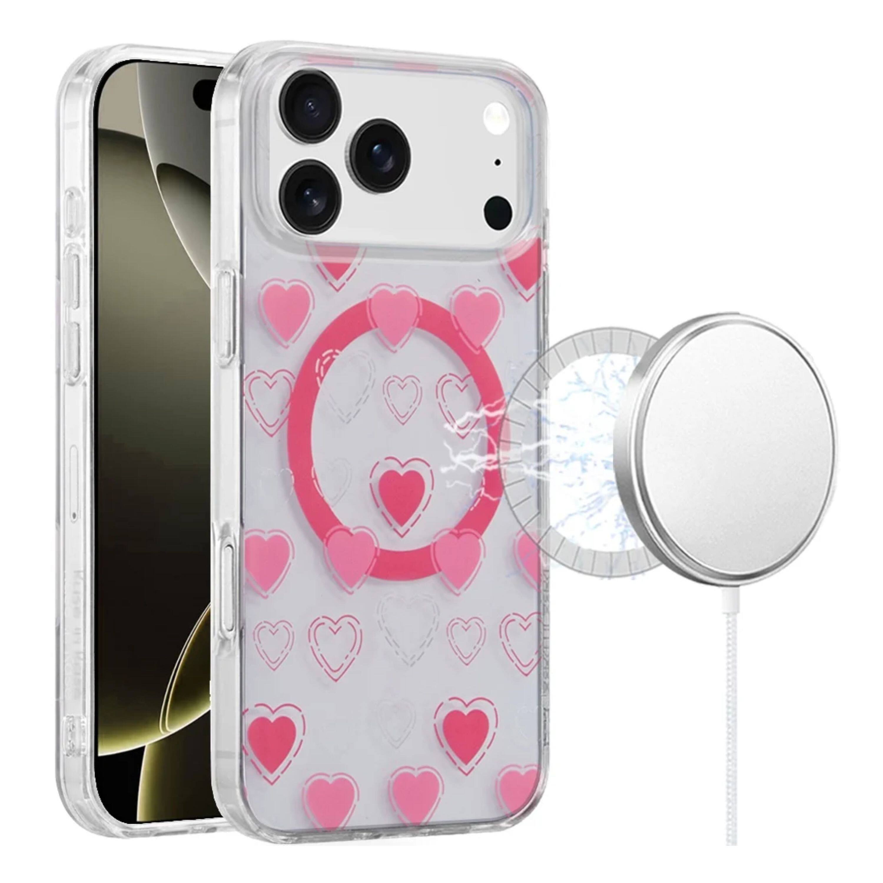 Front. Kitcheniva - IMD Dual Layer Phone Case With Magnetic Circle Tempered Glass For iPhone 17 Pro Hearts - Multicolor.
