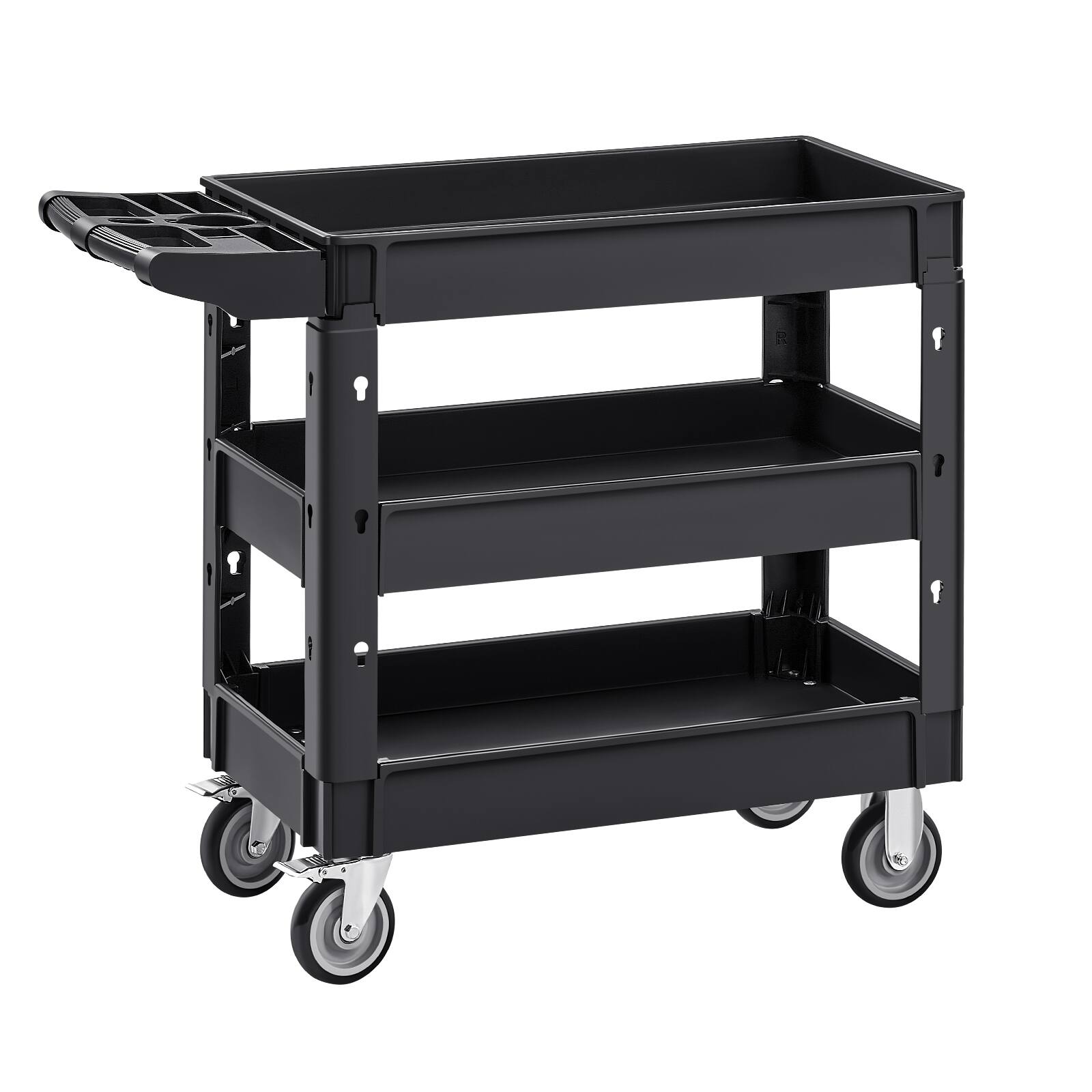 Alt View 5. VEVOR - Utility Service Cart, 550 LBS Laod Capacity, 3 Shelf Heavy Duty Plastic Rolling Utility Cart with 360° Swivel Wheels - Black.