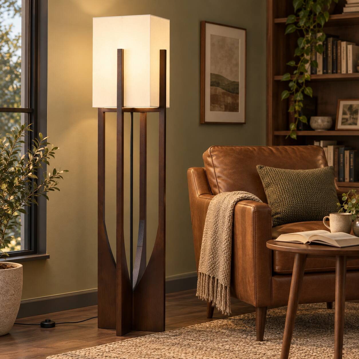 Alt View 2. E.P. Light - Modern Wabi-Sabi Wooden Standing Floor Lamp with Fabric Shade, 3 Color Modes - Brown.