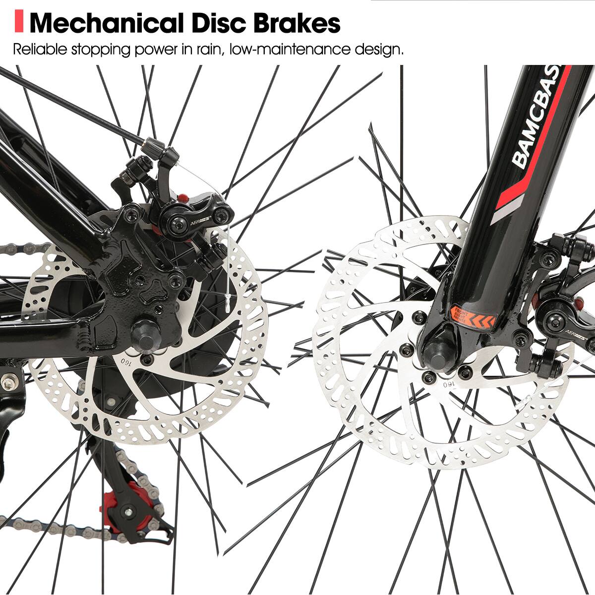 Mechanical Disc Brakes  
Reliable stopping power in rain, low-maintenance design.