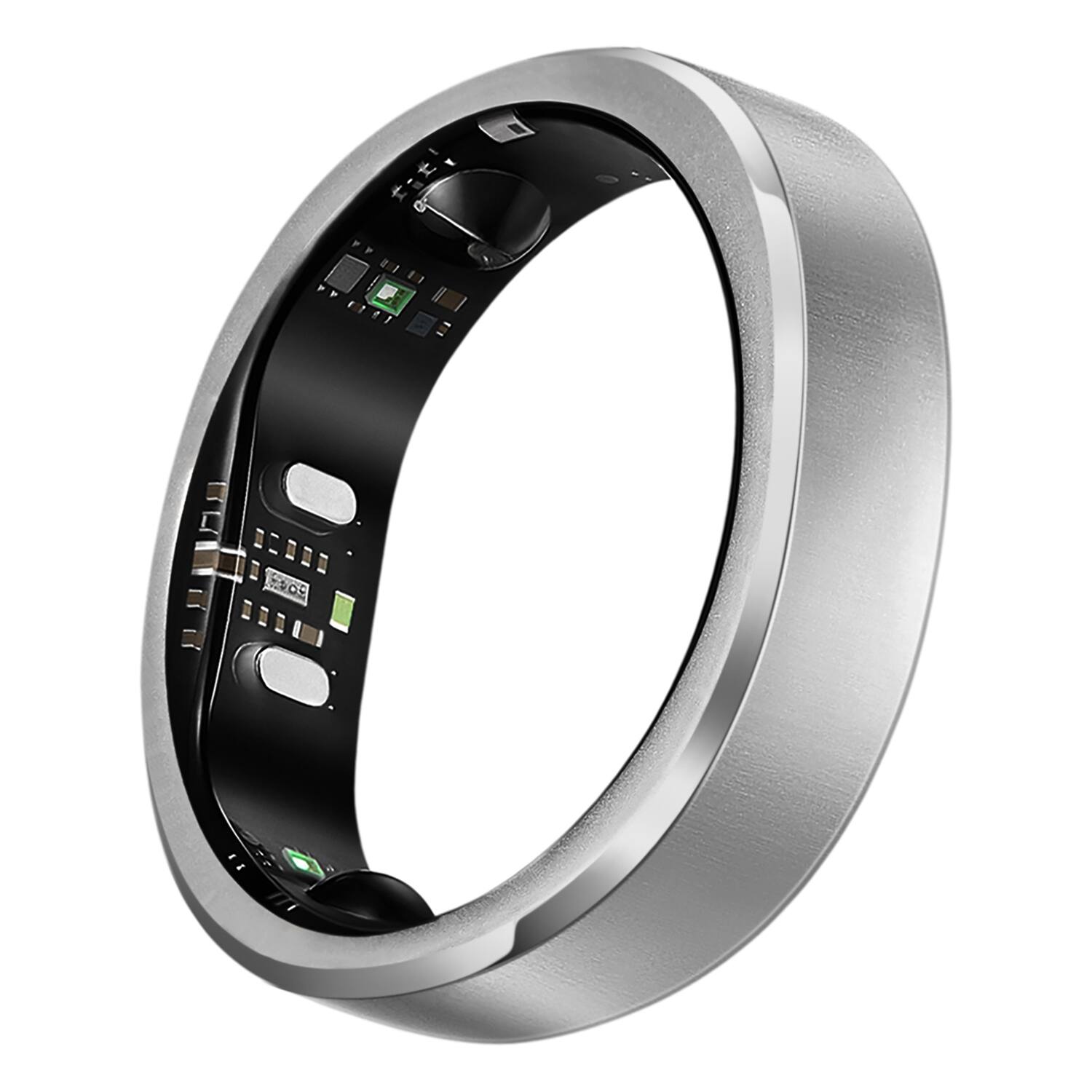 Left. RINGCONN - Gen 3 Smart Ring, Vascular Health Insights, Vibration Alerts, Sleep Apnea Monitoring, Charging Case - Brushed Silver.
