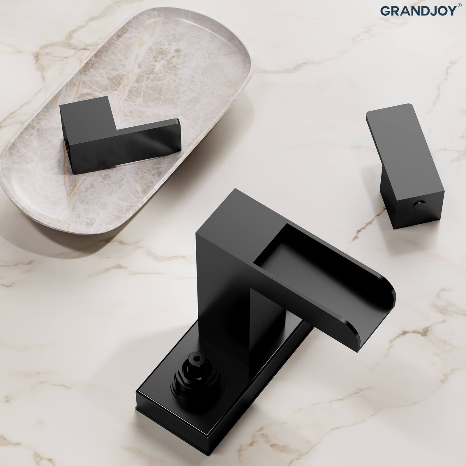 Alt View 7. GRANDJOY - Modern Waterfall Bathroom Faucet Dual Handle Rectangular Open-Channel Spout Solid Copper for Vanity Sink - Matte Black.