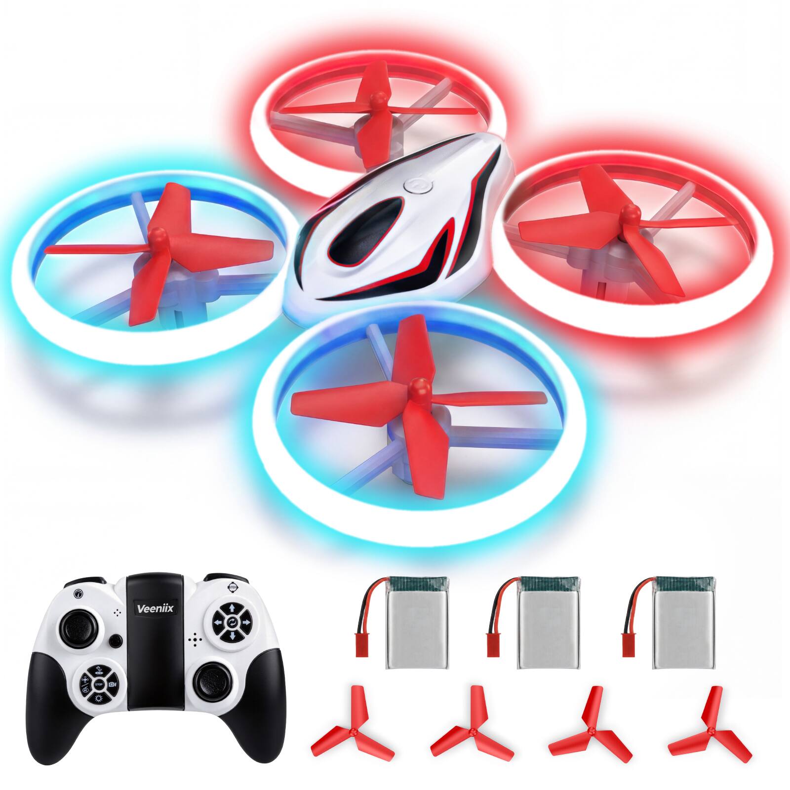 Front. Veeniix - Drone for Kids & Adult,Anti-Collision RC Quadcopter with LED Light,Easy to Fly Kids Gifts for Boys & Girls Ages 14+ - Red & White.