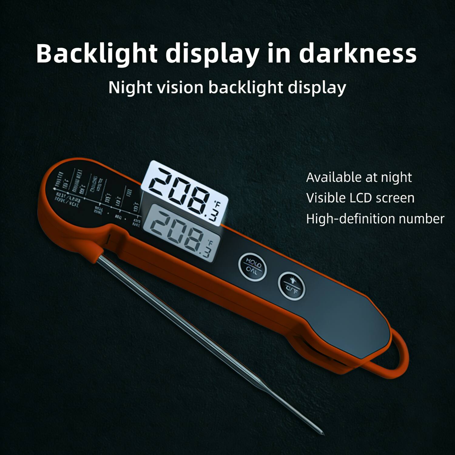 Backlight display in darkness  
Night vision backlight display  

Available at night  
Visible LCD screen  
High-definition number