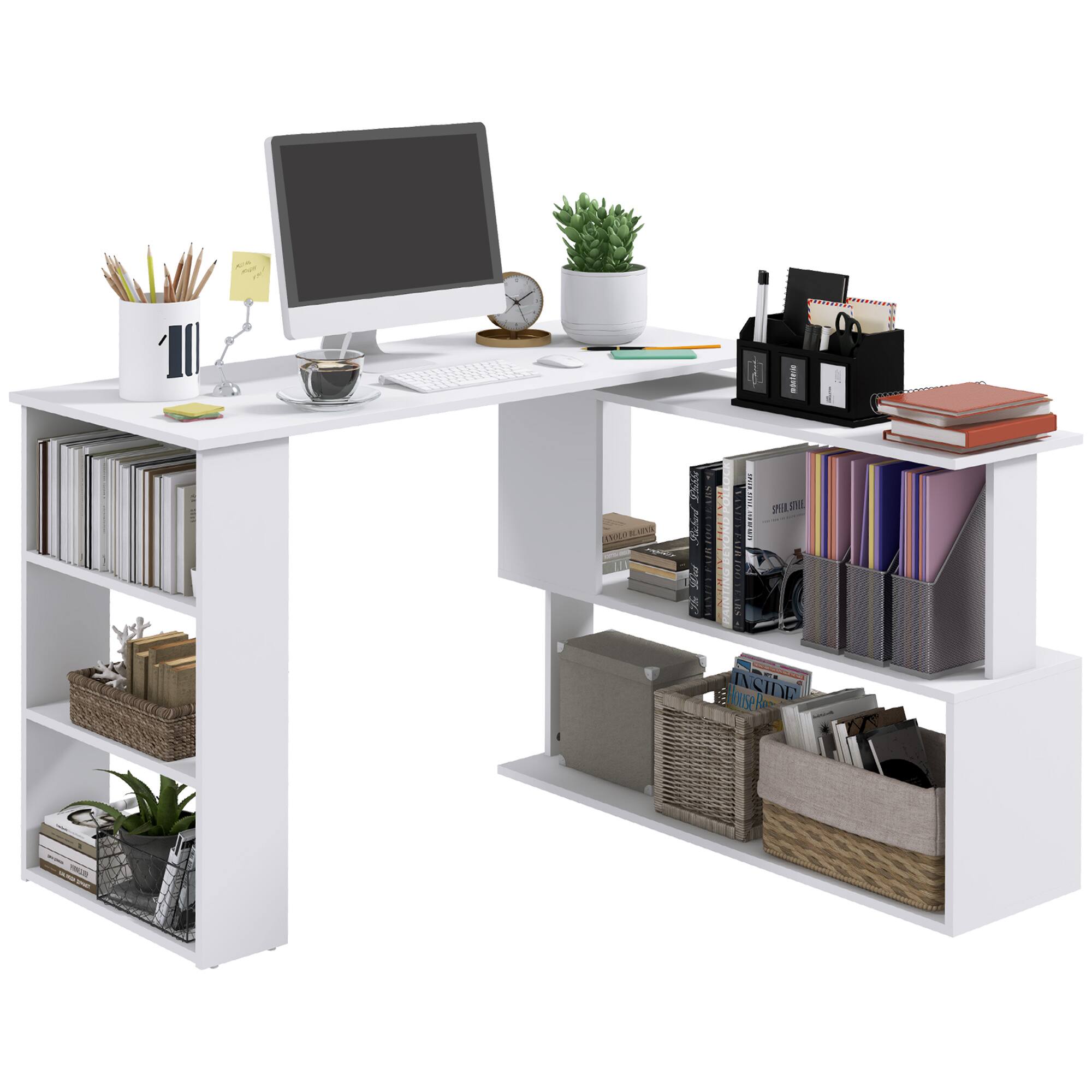 Homcom - L Shaped Desk, Corner Computer Desk, 360 Degree Rotating Home Office Desk with Storage Shelves - White