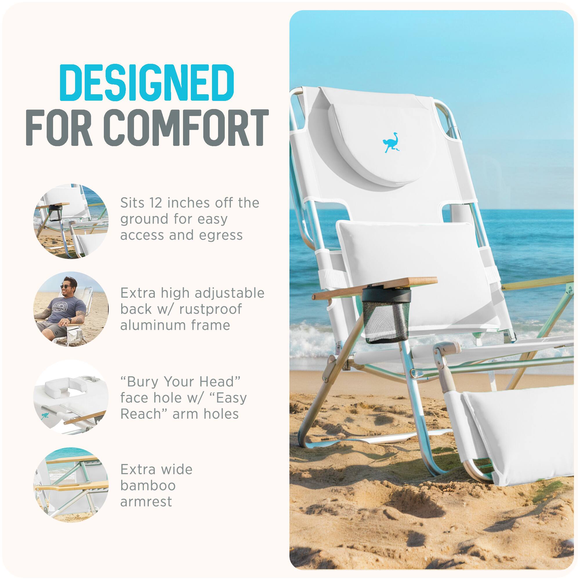 DESIGNED FOR COMFORT

- Sits 12 inches off the ground for easy access and egress
- Extra high adjustable back w/ rustproof aluminum frame
- "Bury Your Head" face hole w/ "Easy Reach" arm holes
- Extra wide bamboo armrest