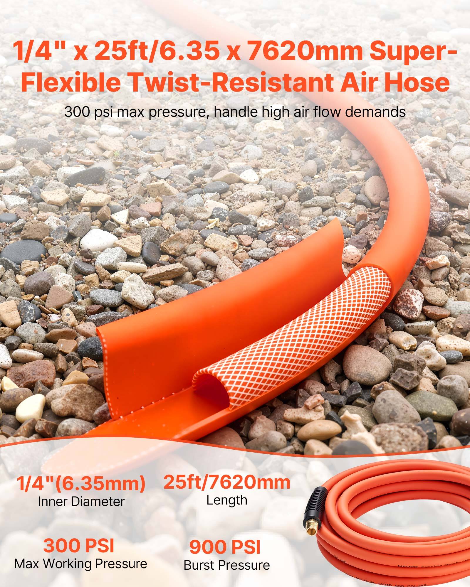 1/4" x 25ft/6.35 x 7620mm Super-Flexible Twist-Resistant Air Hose

300 psi max pressure, handle high air flow demands

1/4" (6.35mm) Inner Diameter

25ft/7620mm Length

300 PSI Max Working Pressure

900 PSI Burst Pressure
