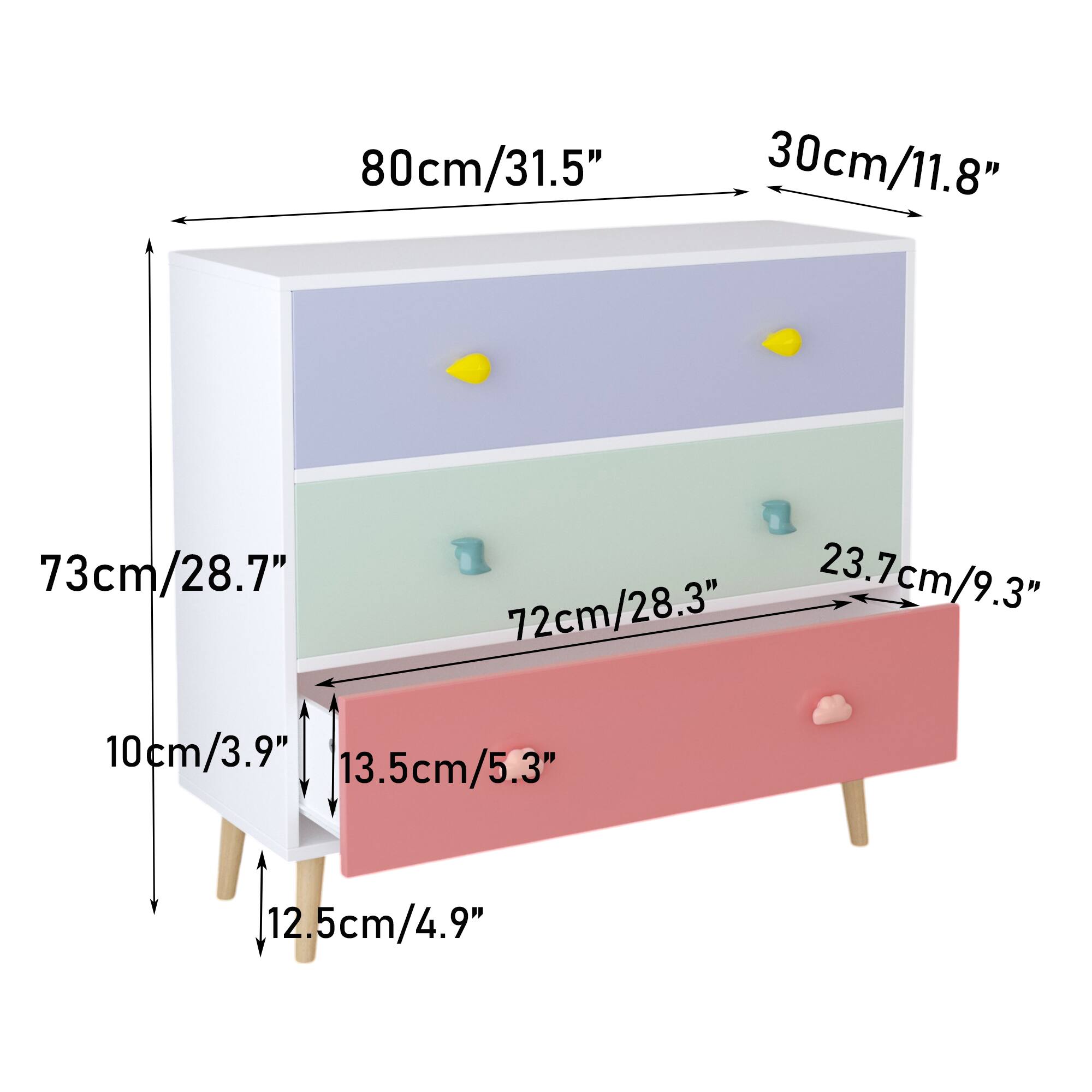 80cm/31.5"  
30cm/11.8"  
73cm/28.7"  
72cm/28.3"  
23.7cm/9.3"  
10cm/3.9"  
13.5cm/5.3"  
12.5cm/4.9"