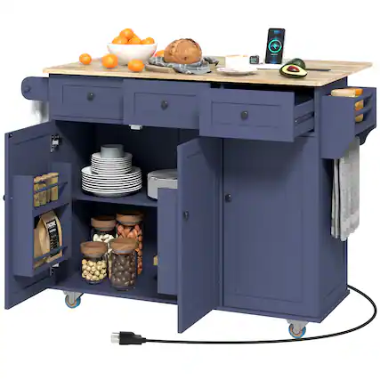 Front. Homcom - Rolling Kitchen Island with Power Outlet and Drop Leaf, 53" Island Table with Wood Top, 3 Drawers, Adjustable Shelf - Dark Blue.