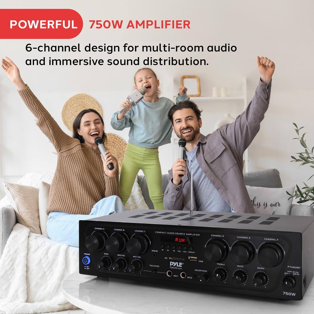 POWERFUL  
750W AMPLIFIER  

6-channel design for multi-room audio and immersive sound distribution.  

COMPACT AUDIO SOURCE AMPLIFIER  

CHANNEL A  
CHANNEL B  
CHANNEL C  
CHANNEL D  
CHANNEL E  
CHANNEL F  

POWER  
FOUR  
MIC VOL  
TUNER  
TUNER VOL  
BASS  
MUSIC  
PTA62BT  

750W