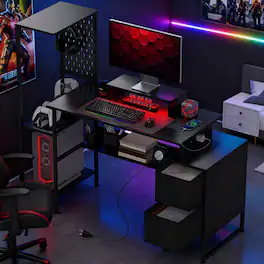 Aukfa - Gaming Desk with Storage, Computer Table with Power Outlets and LED Lights,For Home and Office - Black