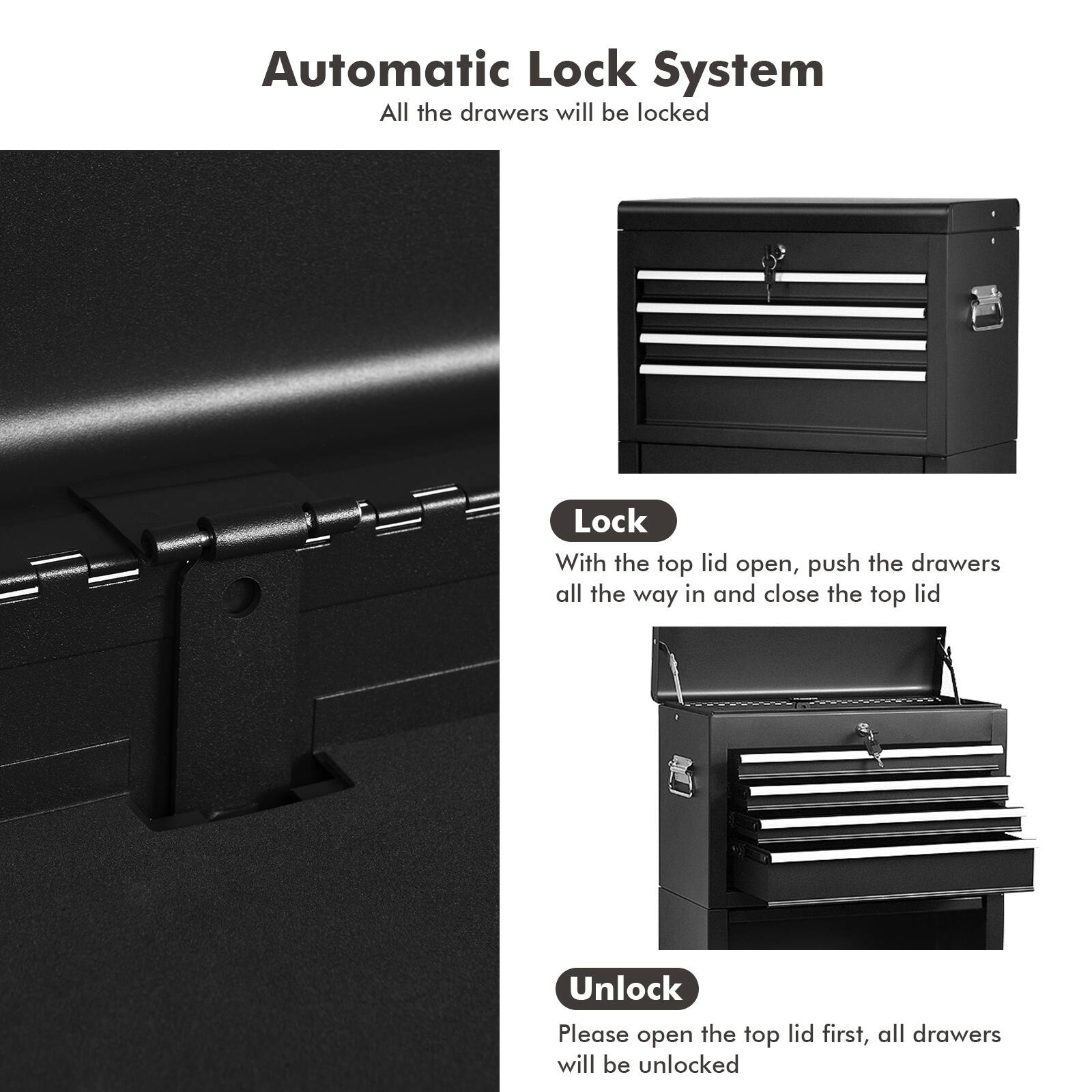 Automatic Lock System

Lock
With the top lid open, push the drawers all the way in and close the top lid

Unlock
Please open the top lid first, all drawers will be unlocked