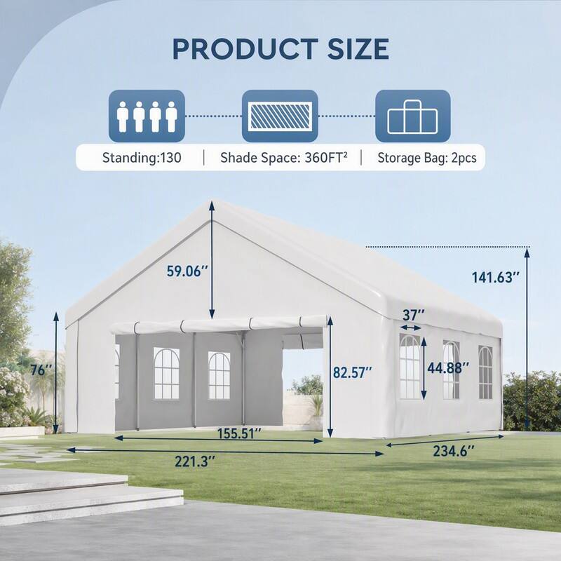 PRODUCT SIZE  
Standing: 130  
Shade Space: 360FT²  
Storage Bag: 2pcs  

59.06"  
141.63"  
37"  
76"  
82.57"  
44.88"  
155.51"  
221.3"  
234.6"