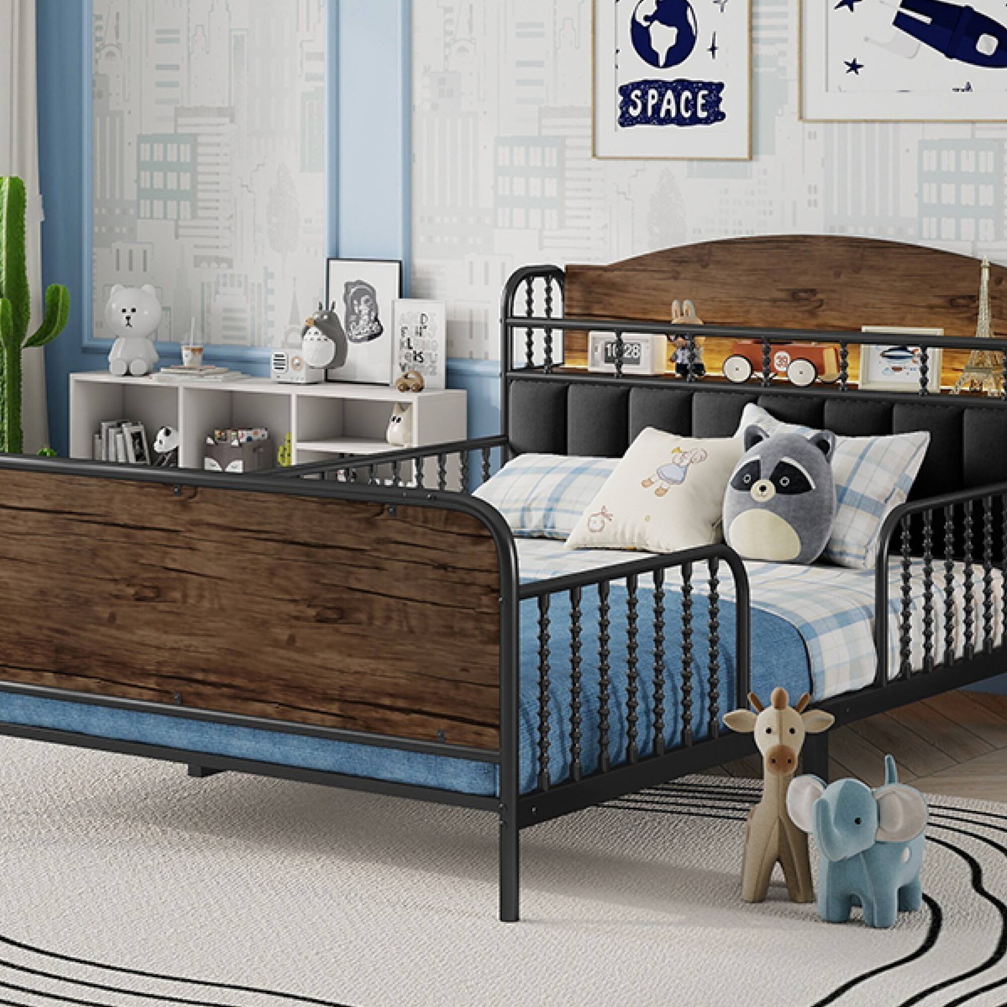 Alt View 10. GOODSILO - Full Size Metal Platform Bed Frame with LED Lighting and Upholstered Storage Headboard - Black.