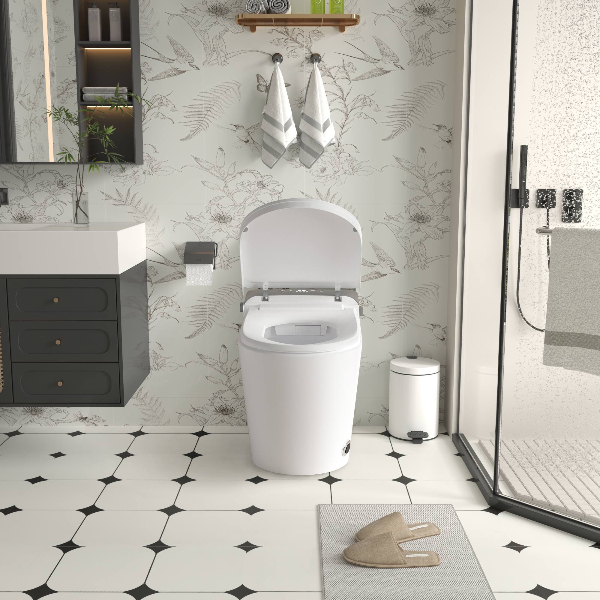 Back. Tiramisubest - Smart Bidet Toilet with Remote,Tankless Toilet with LED Display,Auto Open/Auto Heated,Warm Water And Dry,Off Seat Flush - White.