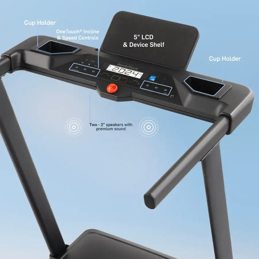 Cup Holder One Touch Incline & Speed Controls 5" LCD & Device Shelf - Two 2" speakers with premium sound.