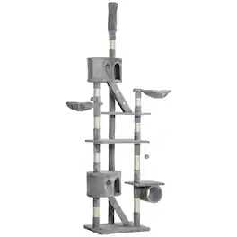 Pawhut - to Ceiling Cat Tree, 94.5-102.5 inch Height Adjustable Cat Climbing Tower with Scratching Posts - Light Gray