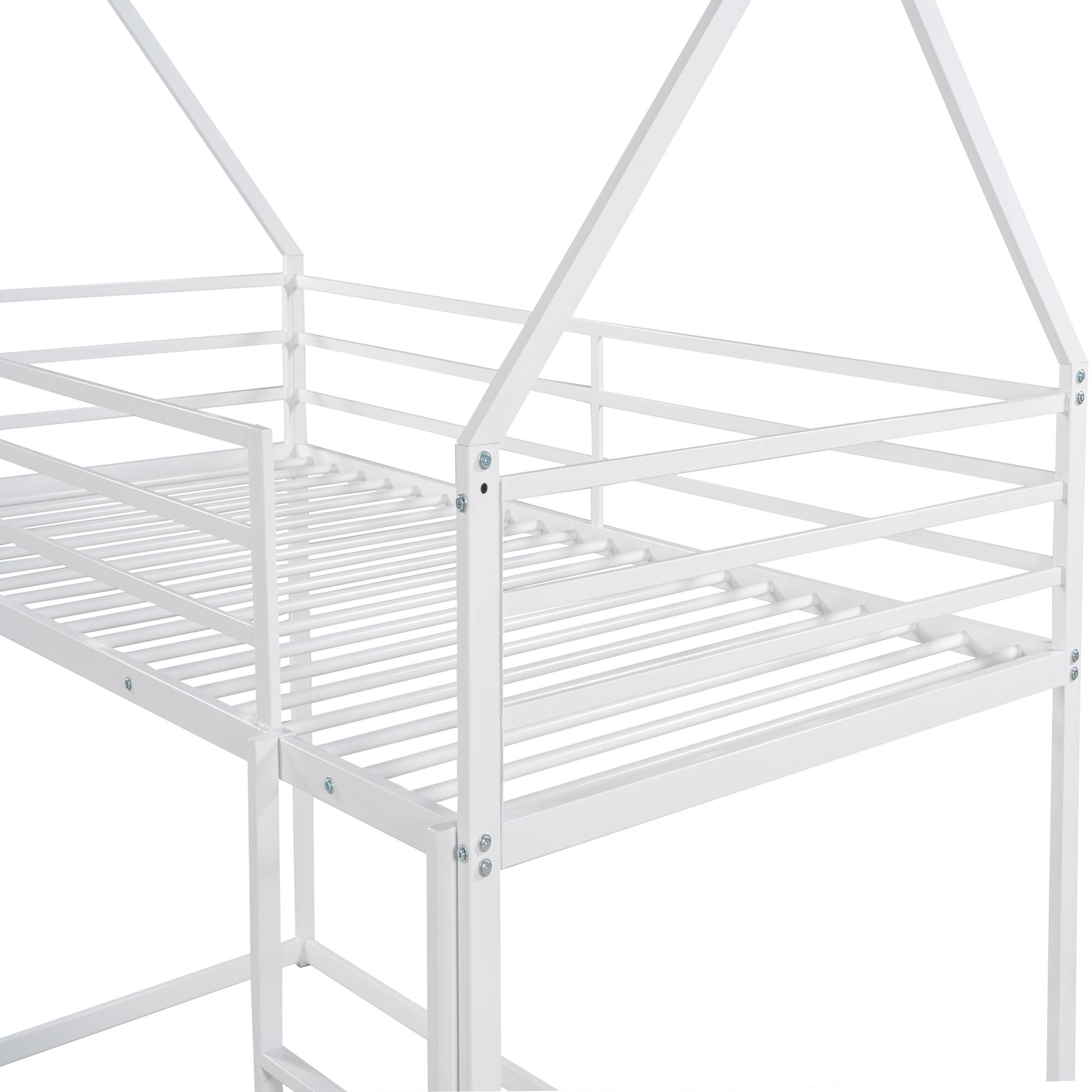 Alt View 8. GOODSILO - Space-Saving Twin Over Twin Metal Bunk Bed with Built-In Ladder and Playhouse Design - White.