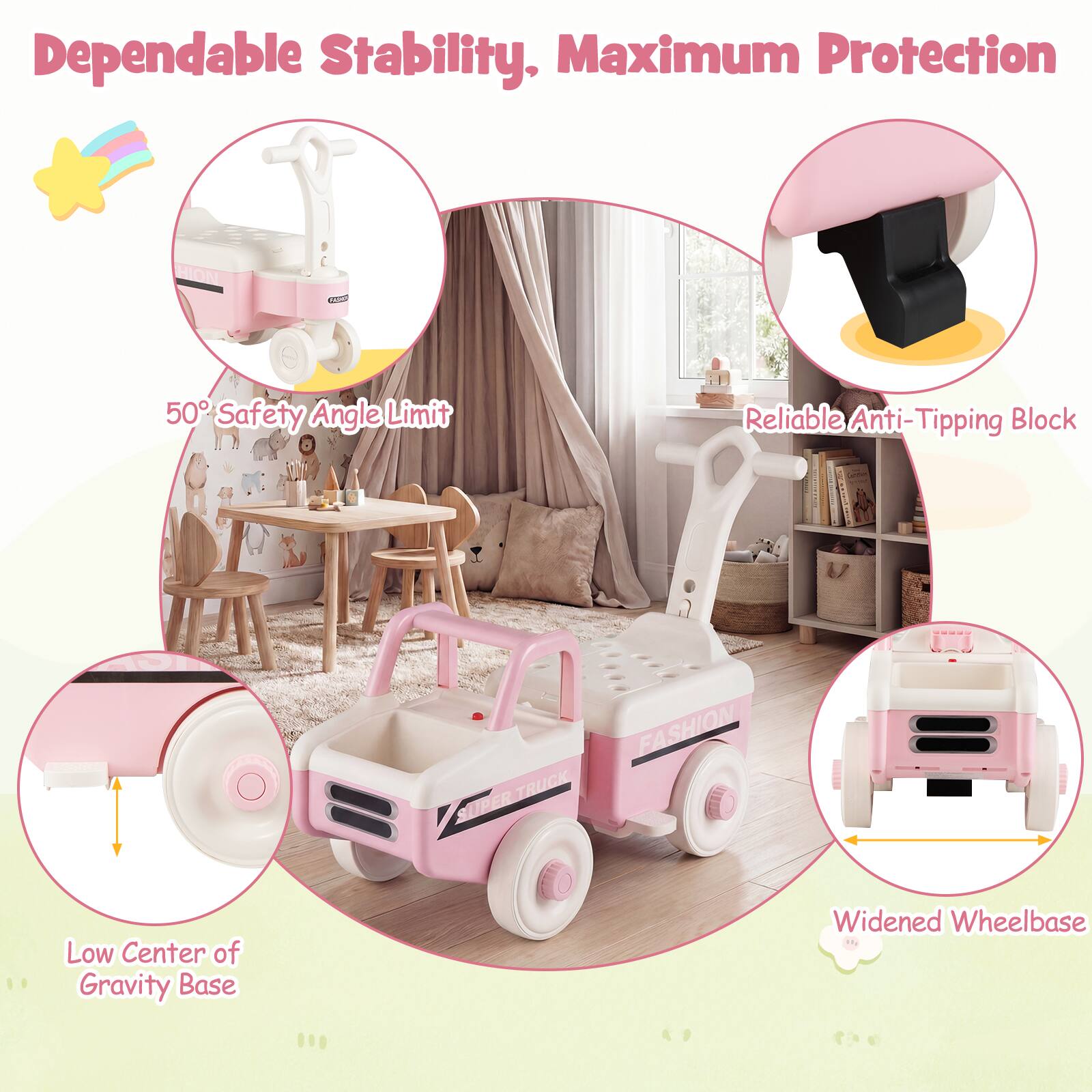 Dependable Stability, Maximum Protection

- 50° Safety Angle Limit
- Reliable Anti-Tipping Block
- Low Center of Gravity Base
- Widened Wheelbase