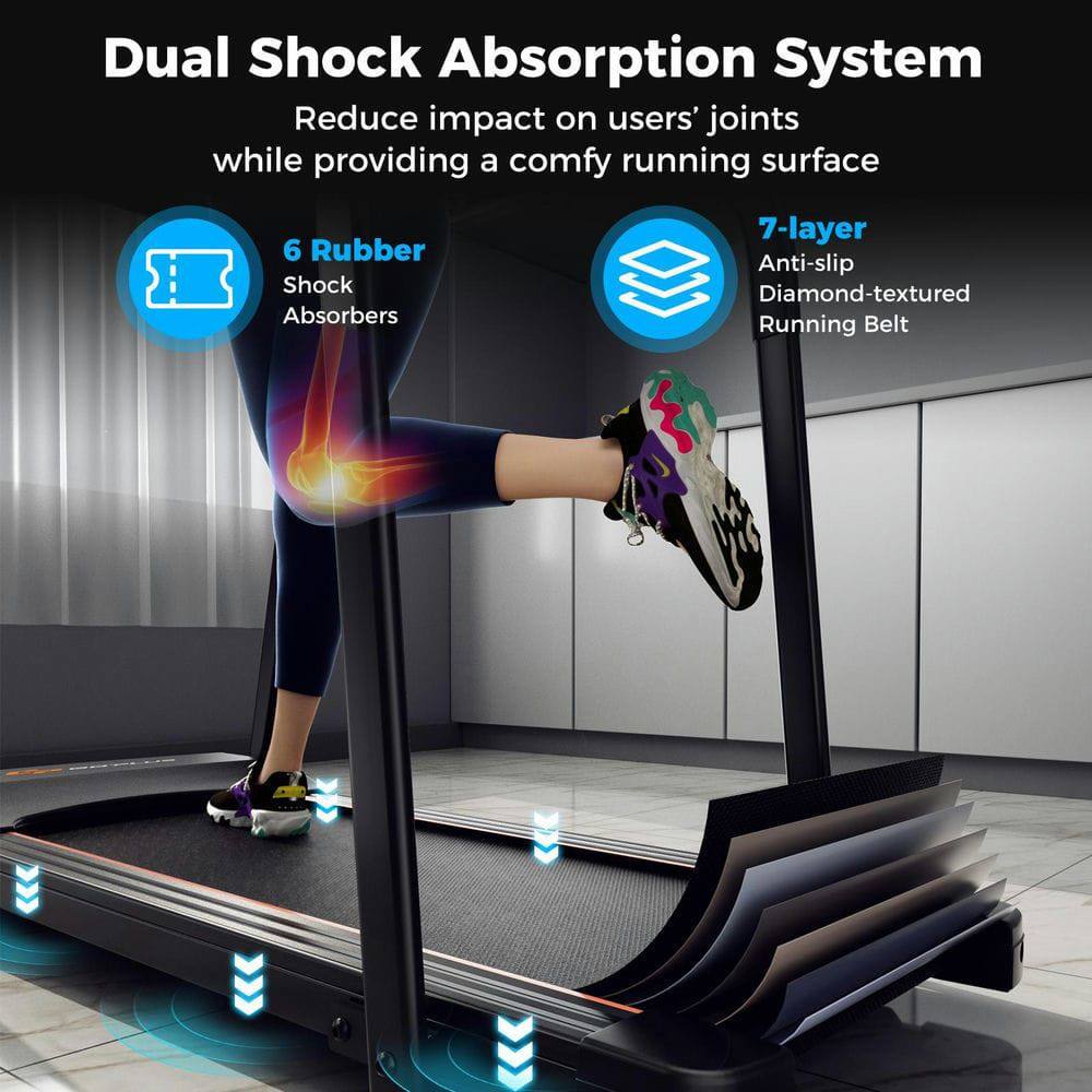 Dual Shock Absorption System  
Reduce impact on users' joints while providing a comfy running surface  

6 Rubber Shock Absorbers  

7-layer Anti-slip Diamond-textured Running Belt