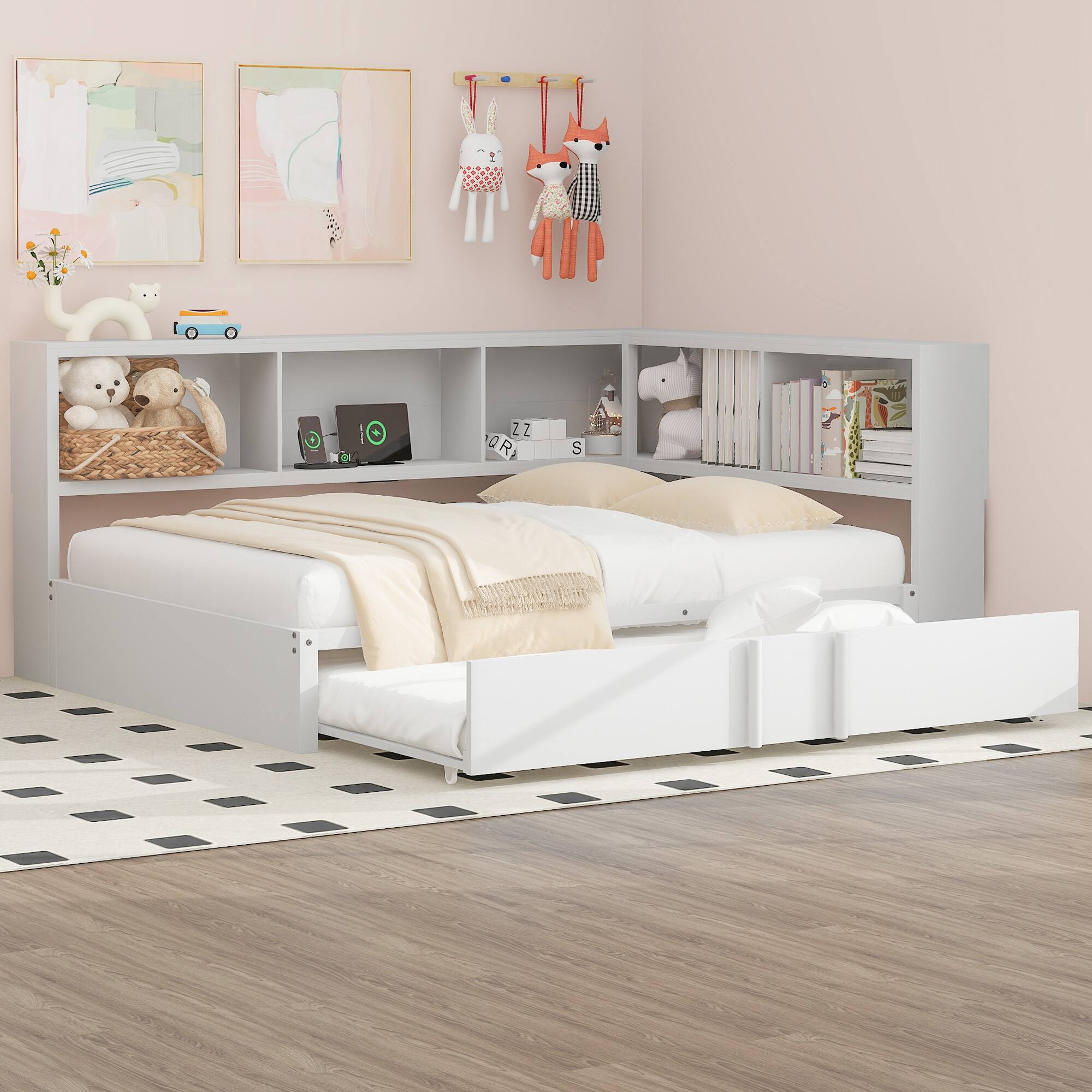 Front. Tiramisubest - Metal Full Size Daybed with Trundle, Storage Cabinets and USB Ports, White - White.