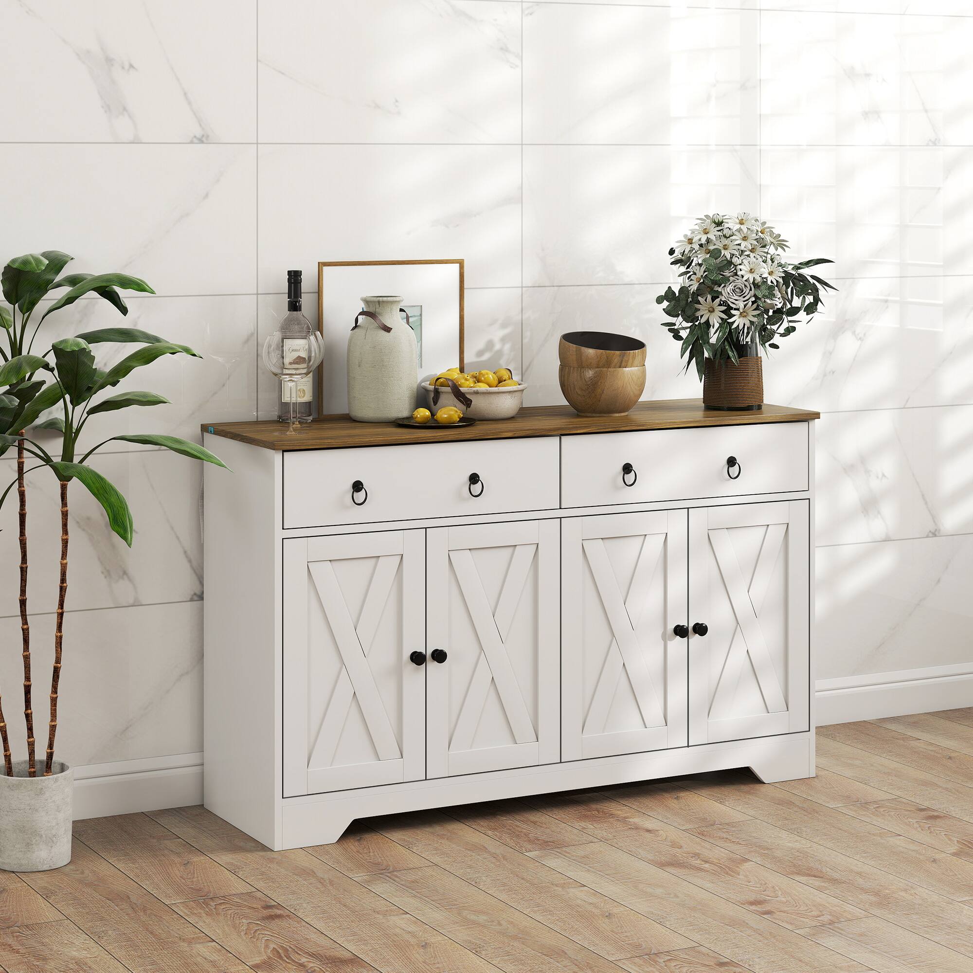 Alt View 1. Homcom - Storage Sideboard, Farmhouse Buffet Cabinet with Barn Style Doors, Drawers - White.