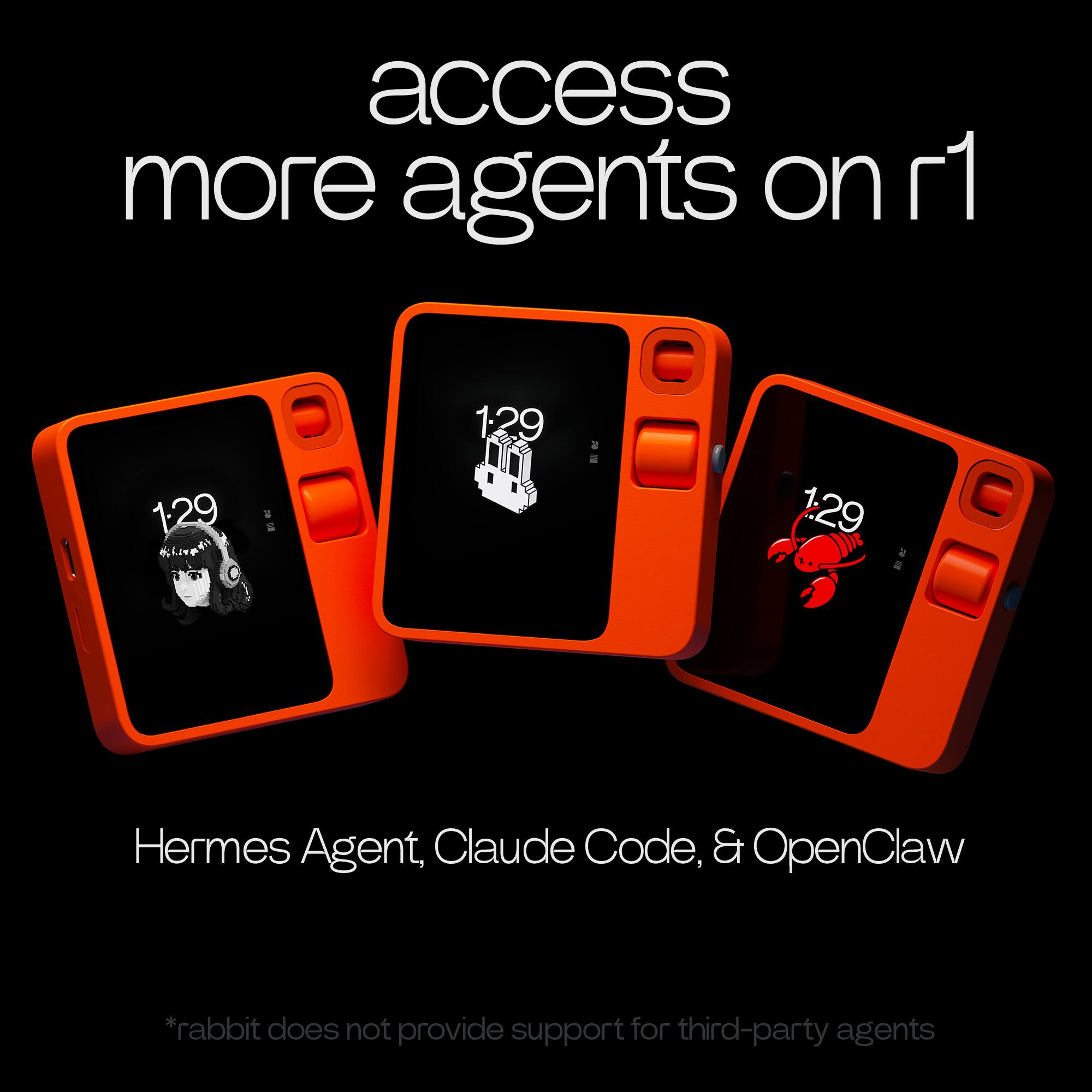 access more agents on r1

Hermes Agent, Claude Code, & OpenClaw

*rabbit does not provide support for third-party agents
