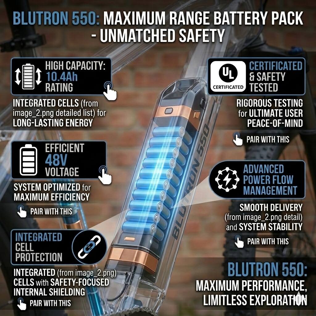BLUTRON 550: MAXIMUM RANGE BATTERY PACK - UNMATCHED SAFETY

- HIGH CAPACITY: 10.4Ah RATING
  - INTEGRATED CELLS (from image_2.png detailed list) for LONG-LASTING ENERGY

- EFFICIENT 48V VOLTAGE
  - SYSTEM OPTIMIZED for MAXIMUM EFFICIENCY

- INTEGRATED CELL PROTECTION
  - INTEGRATED (from image_2.png) CELLS with SAFETY-FOCUSED INTERNAL SHIELDING

- CERTIFICATED & SAFETY TESTED
  - RIGOROUS TESTING for ULTIMATE USER PEACE-OF-MIND

- ADVANCED POWER FLOW MANAGEMENT
  - SMOOTH DELIVERY (from image_2.png detail) and SYSTEM STABILITY

BLUTRON 550: MAXIMUM PERFORMANCE, LIMITLESS EXPLORATION