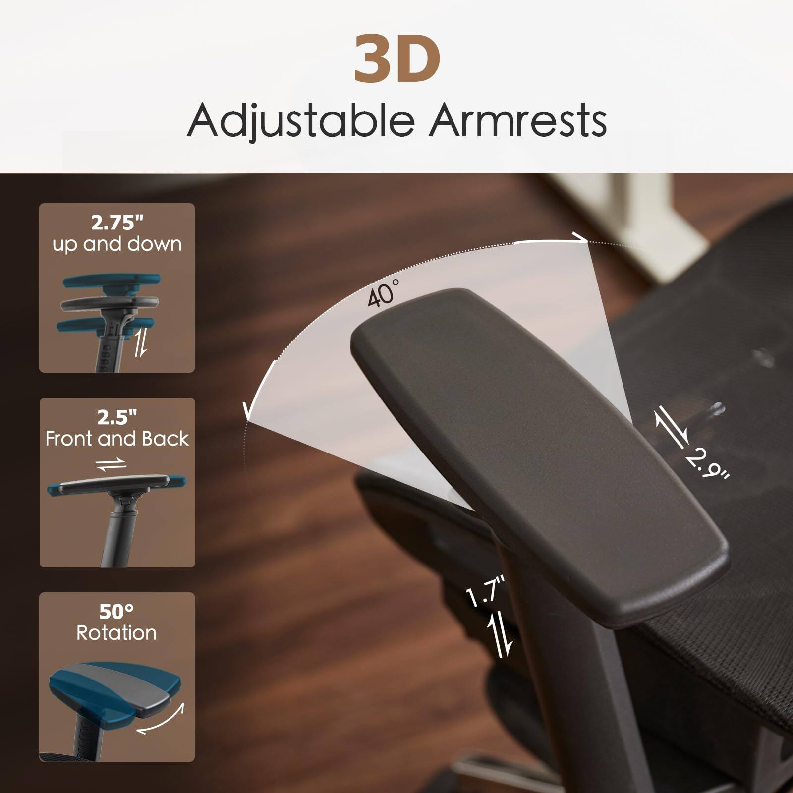 3D Adjustable Armrests

- 2.75" up and down
- 2.5" Front and Back
- 50° Rotation
- 2.9" width
- 1.7" depth