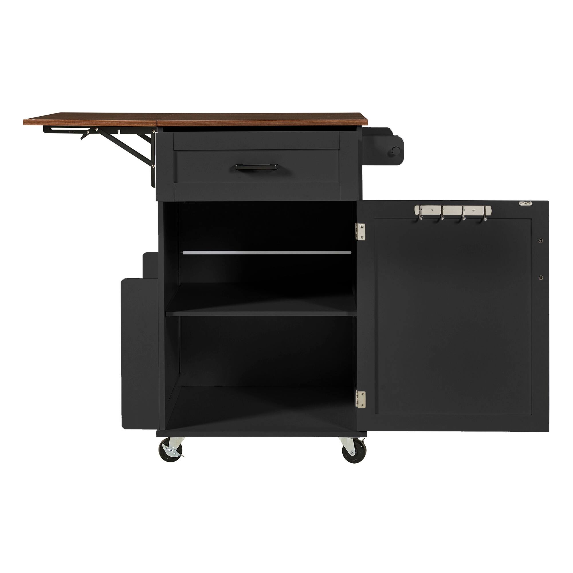 Back. Whisen - 39" Farmhouse Kitchen Island Cart with Drop Leaf, Storage Cabinet, Drawer, Rolling Wheels for Kitchen - Black.