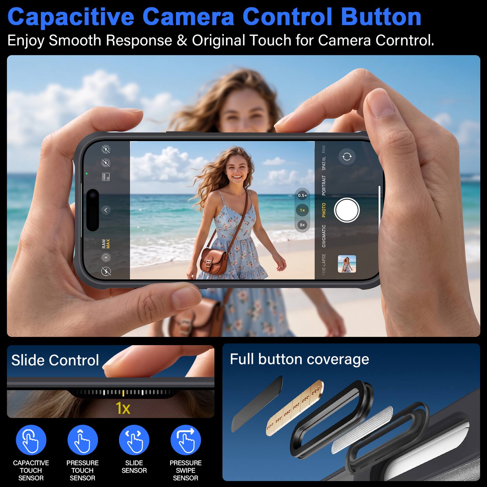 Capacitive Camera Control Button  
Enjoy Smooth Response & Original Touch for Camera Control.

KEEP RAW  
MAX  
0.5+ 1x 3x  
DAIRS SPATOL PORTRAIT PHOTO GINGMATIC DUE-LAPCE

Slide Control  
Full button coverage  
1x

CAPACITIVE PRESSURE TOUCH TOUCH SENSOR SENSOR  
SLIDE SENSOR  
PRESSURE SWIPE SENSOR