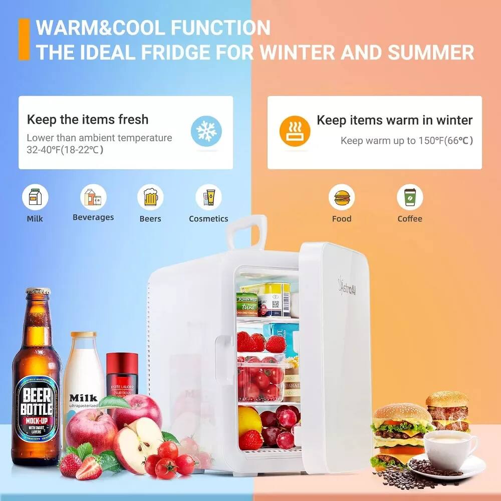 WARM&COOL FUNCTION  
THE IDEAL FRIDGE FOR WINTER AND SUMMER

Keep the items fresh  
Lower than ambient temperature  
32-40°F (18-22°C)  
- Milk  
- Beverages  
- Beers  
- Cosmetics  

Keep items warm in winter  
Keep warm up to 150°F (66°C)  
- Food  
- Coffee  

BEER BOTTLE MOCK-UP  
Milk  
Cosmetics
