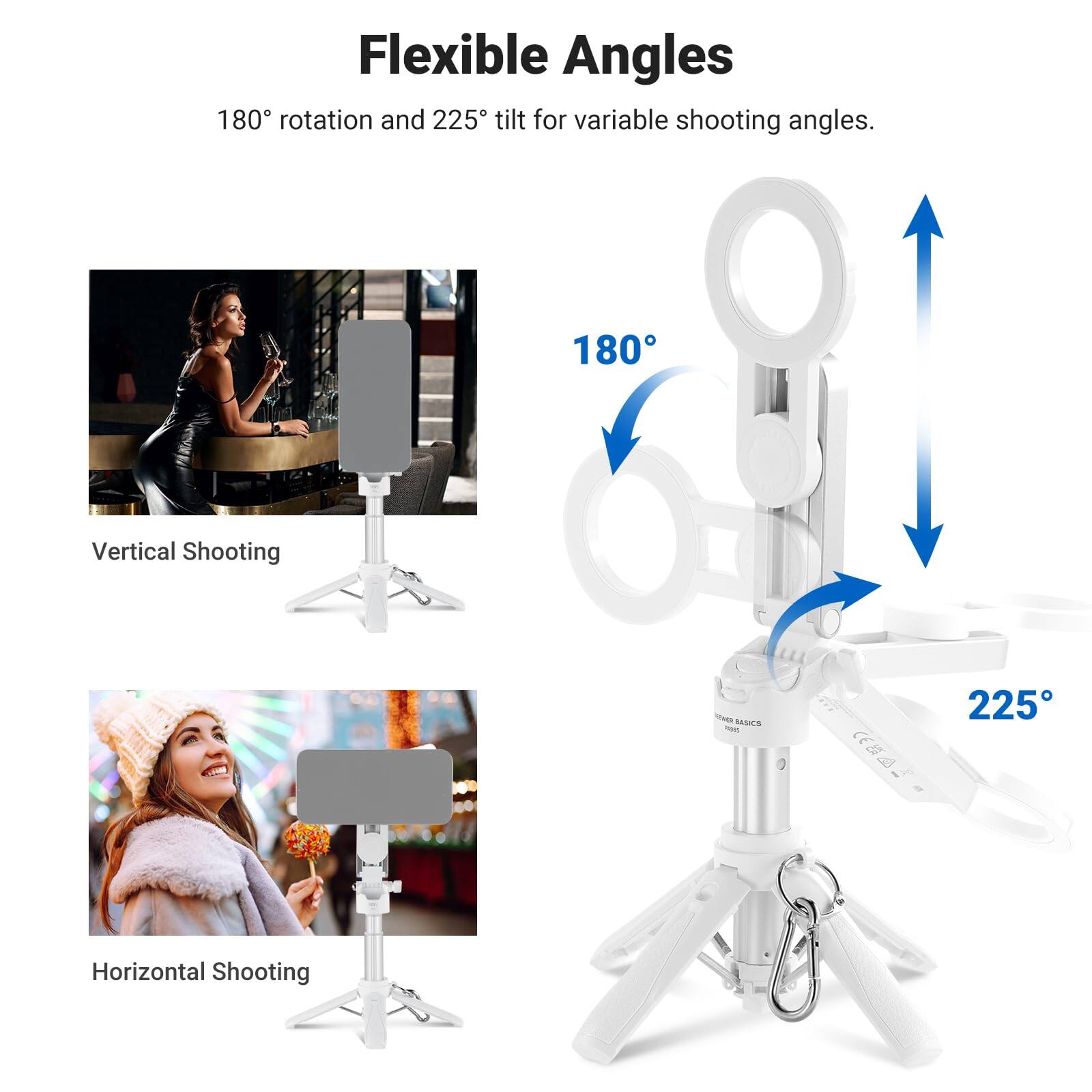 Flexible Angles  
180° rotation and 225° tilt for variable shooting angles.  

180° Vertical Shooting  
225° Horizontal Shooting
