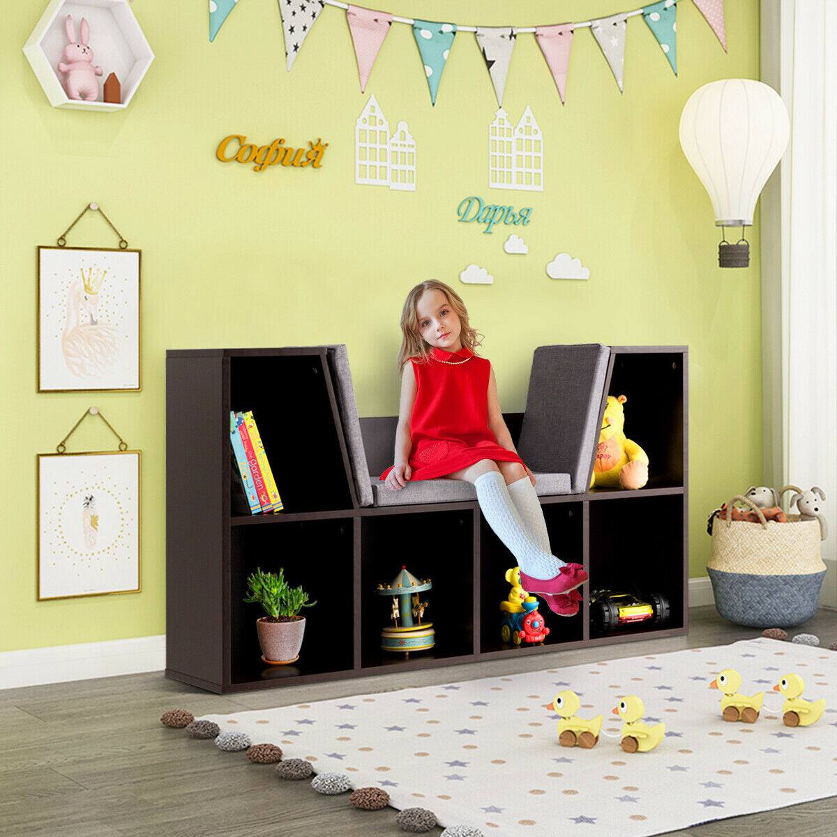 Alt View 2. Costway - Costway 6 Cubby Kid Storage Cabinet Cushioned Bookcase Multi-Purpose Reading Shelf - Brown.