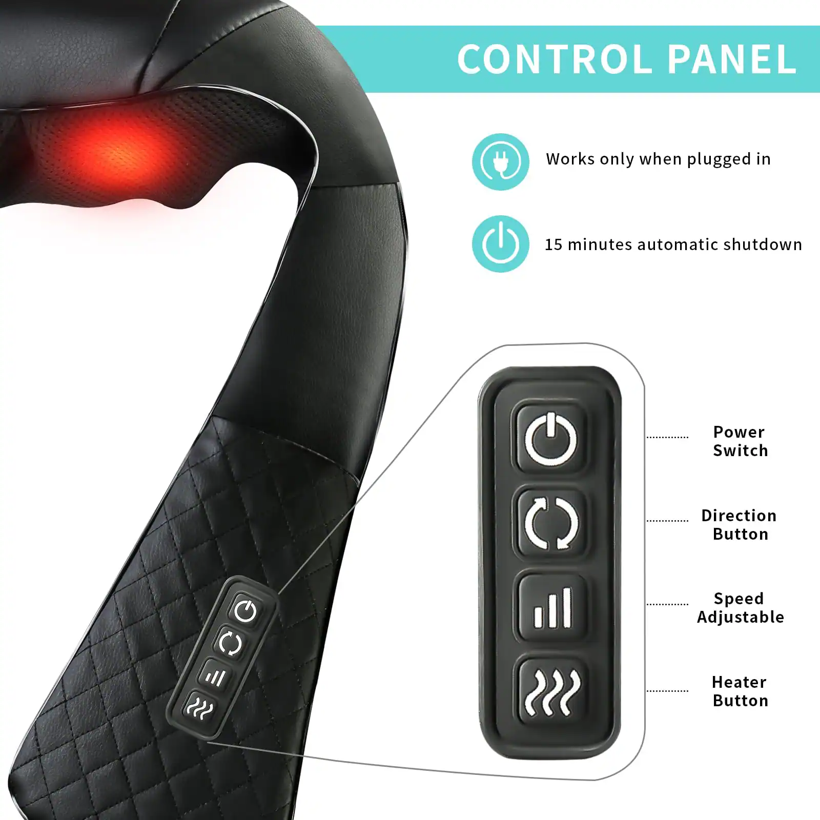 CONTROL PANEL

- Works only when plugged in
- 15 minutes automatic shutdown

Power Switch
Direction Button
Speed Adjustable
Heater Button