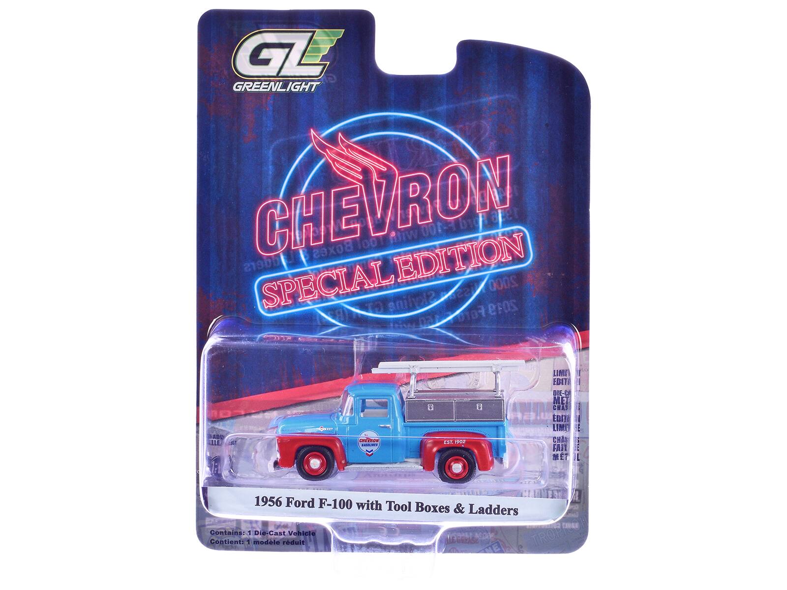 GL GREENLIGHT CHE RON F-100 bigut With_1ool 1001 with Boxes EDITION dders SPECIAL 2000 Skyline 2019 Ferd ABD LLE - Vow COd + ESt PN 1 LIME EDITI DIE-C MEI CHAS EDITI LIME FE CHA FAII ET ETIL IL 1956 Ford F-100 with Tool Boxes & Ladders Contient: Contains: 1 1 modle Die-Cast rdult Vohlele MLE URASe TROPO