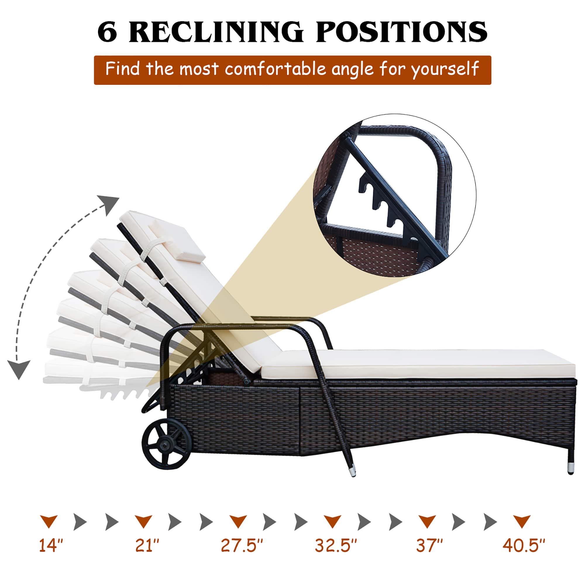 6 Reclining Positions: Find the most comfortable angle for yourself.
14" 21" 27.5" 32.5" 37" 40.5"