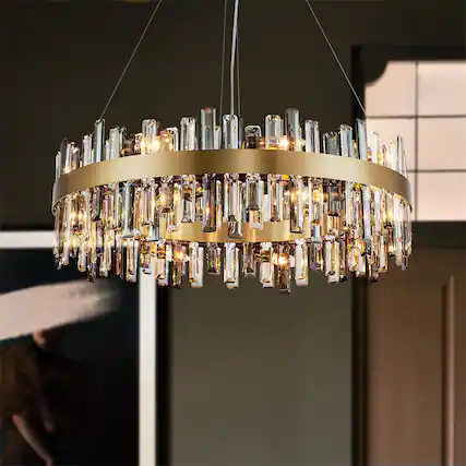 Front. Siljoy - 16-Light Luxury Gold 2-Tier Round Crystal Chandelier, 31.5'' Dimmable Flush Mount for Dining, Living & Entryway - Gold.