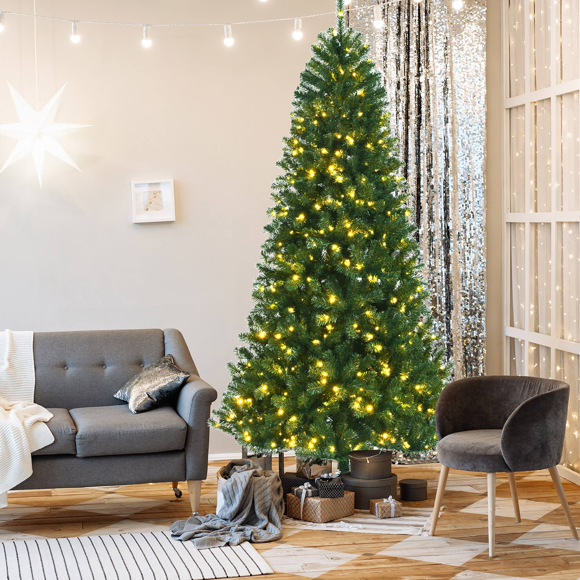 Alt View 12. Costway - 8ft Pre-lit Hinged Christmas Tree with Remote Control & 9 Lighting Modes - Green.