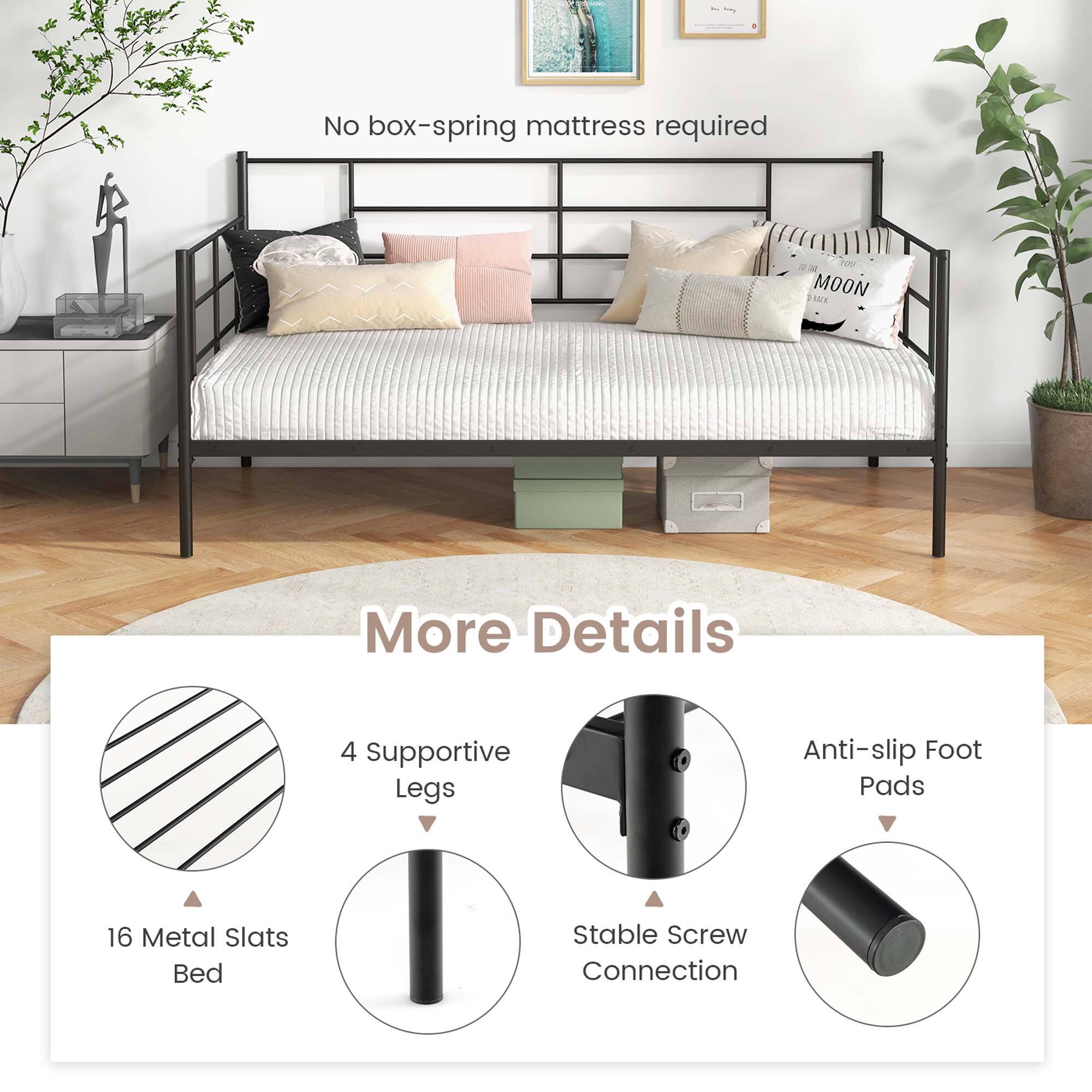 The text on the image reads: "No box-spring mattress required. More Details. 4 Supportive Legs. Anti-slip Foot Pads. 16 Metal Slats. Bed Stable Screw Connection."